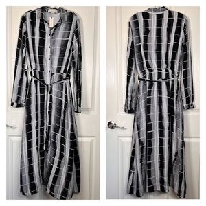 Anthropologie Cloth & Stone Gray Black Motif Checked Button Front Dress Sz M
